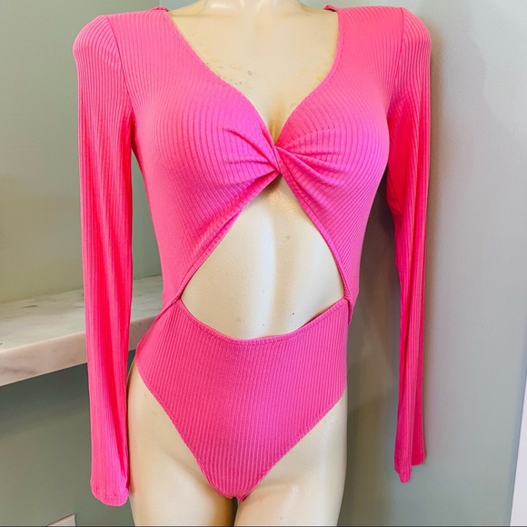 Forever 21 Tops - Hot Pink Bodysuit Long Sleeve V Neck Stretch Open Peekaboo Size M - Forever 21